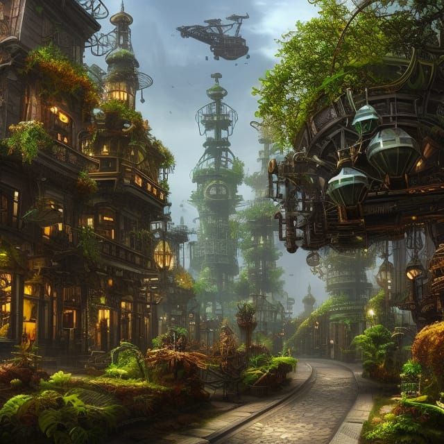 Steampunk Botanical City with Gear Accents
