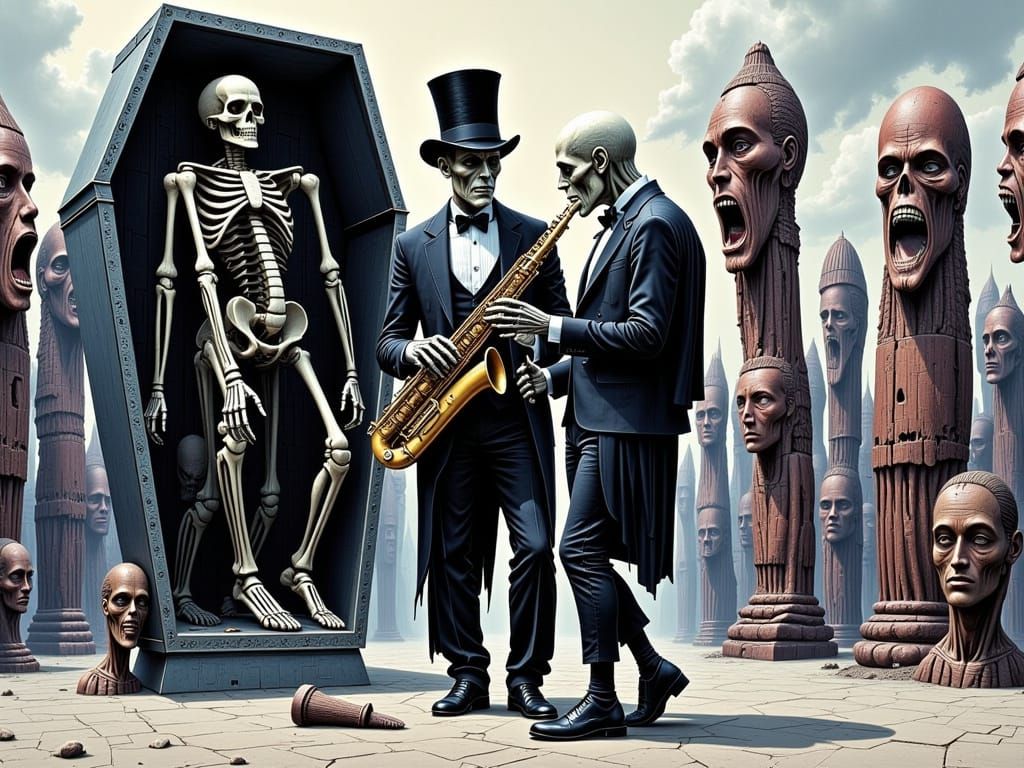Skeleton Saxophonist Pulled into Coffin by Surreal Arms