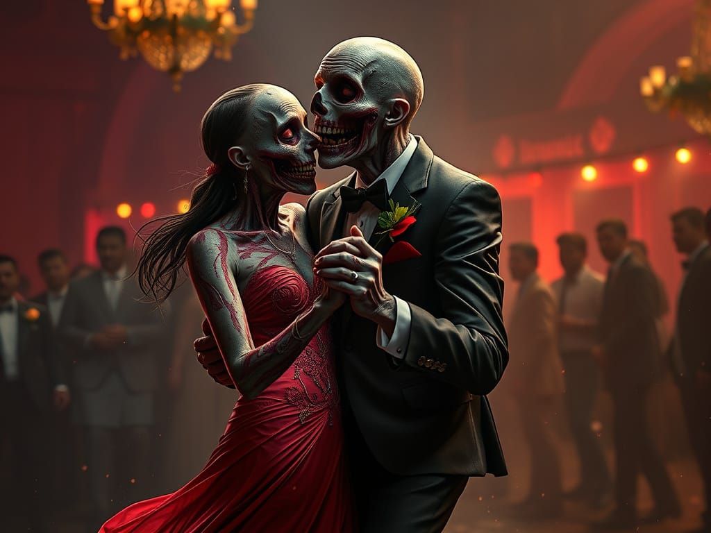 Zombie Couple Dancing Prom in Detailed Matte Painting Style