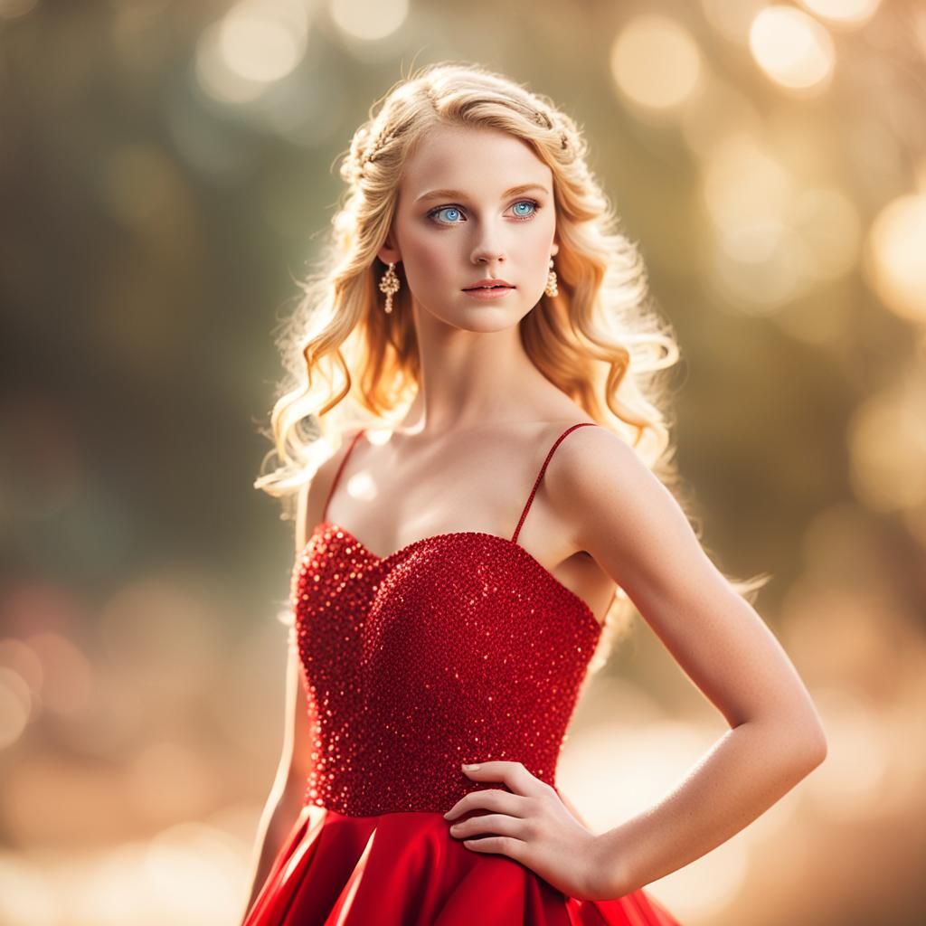 Red Carpet Teenage Girl in Elegant Prom Dress