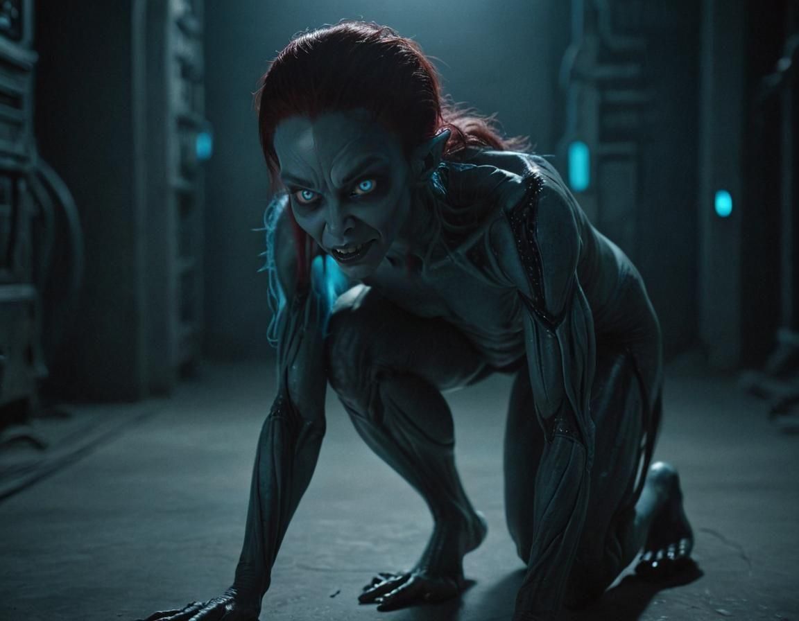 Grinning Alien in Dark Facility: Cinematic Film Still