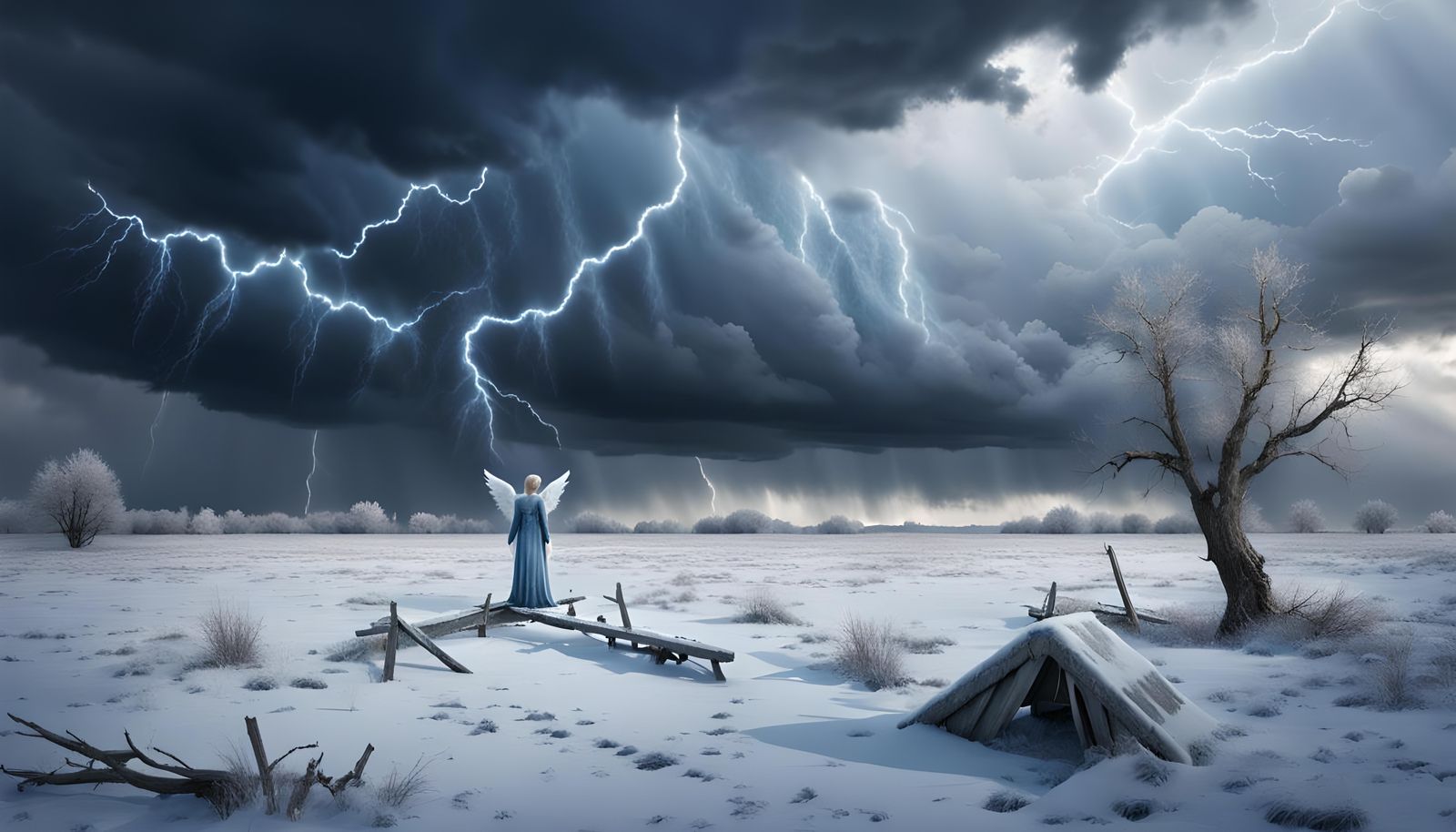 Angel in Frozen Landscape During Stormy Day