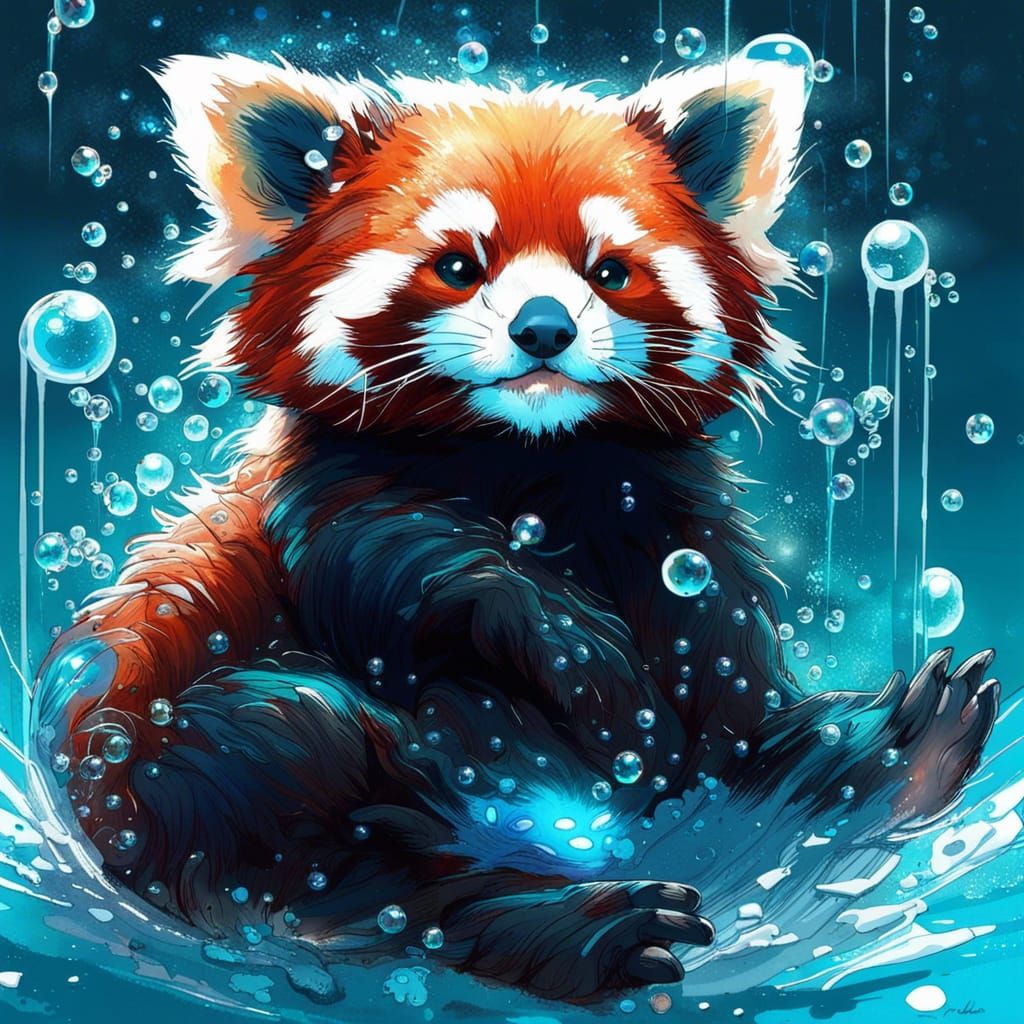 Red Panda's Magical Bath in Bioluminescent Oasis