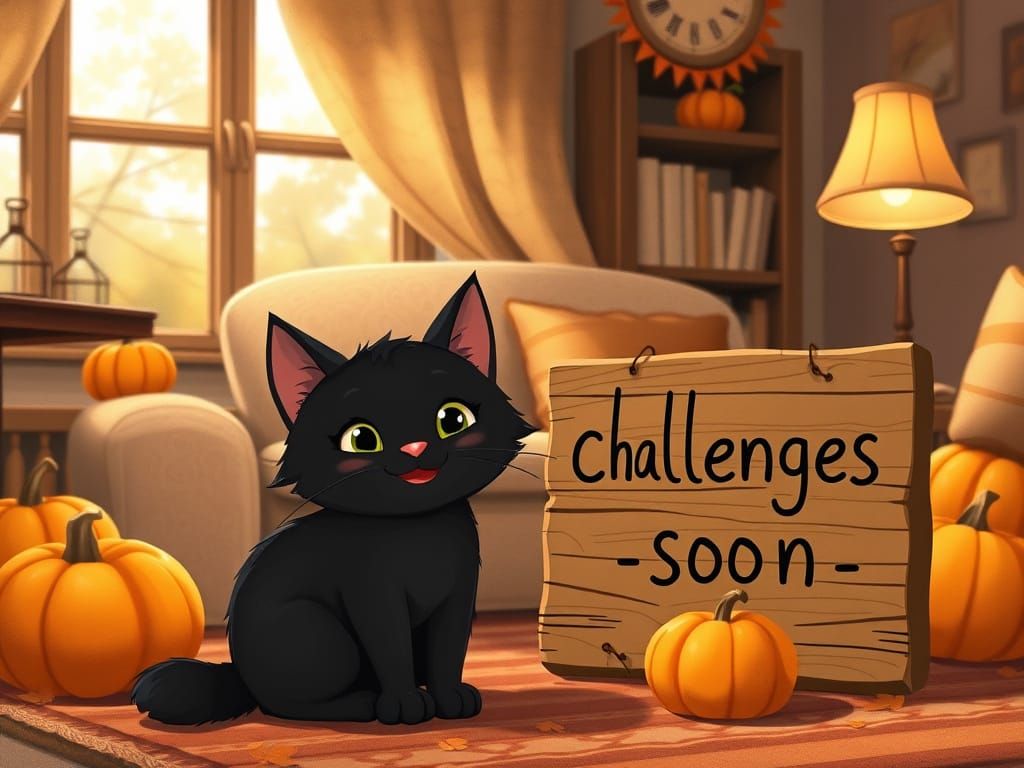 Cute Black Cat & Autumn Decor in Whimsical Illustration