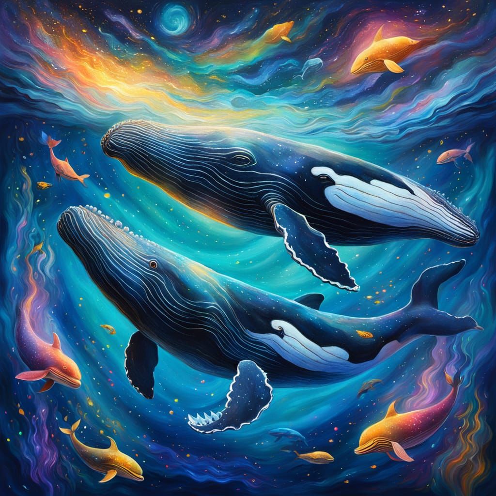 Whales Floating in Space in a Surreal Dreamscape