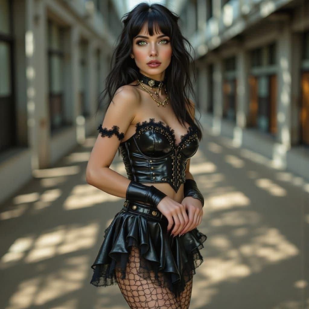 British Woman in Latex Standing in Sunlit Factory