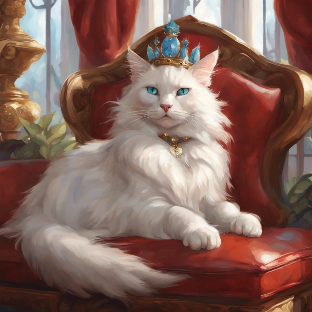 Crowned White Cat on Leather Couch: Digital Portrait