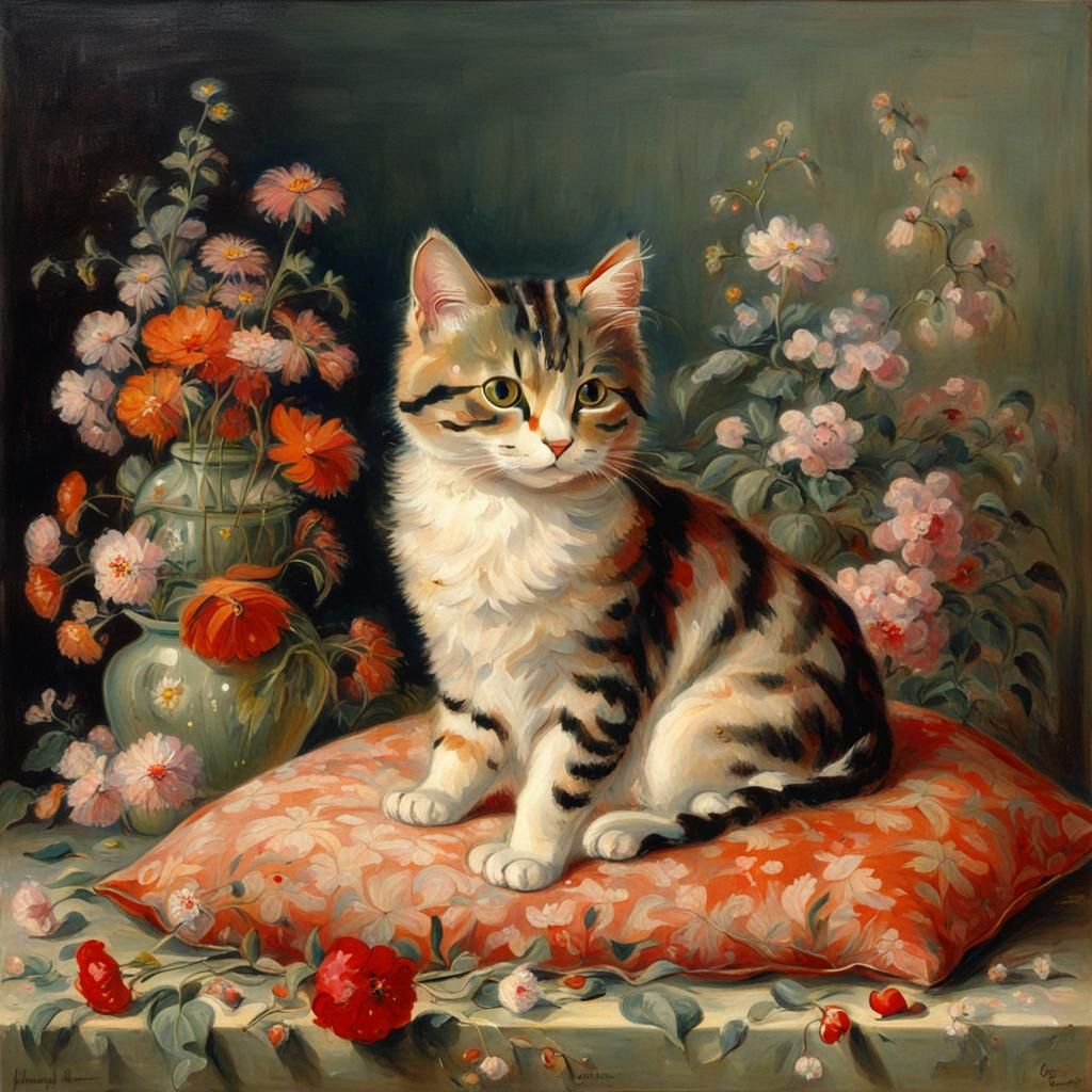 Cute Cat Surrounded by Flowers in Cubist Style