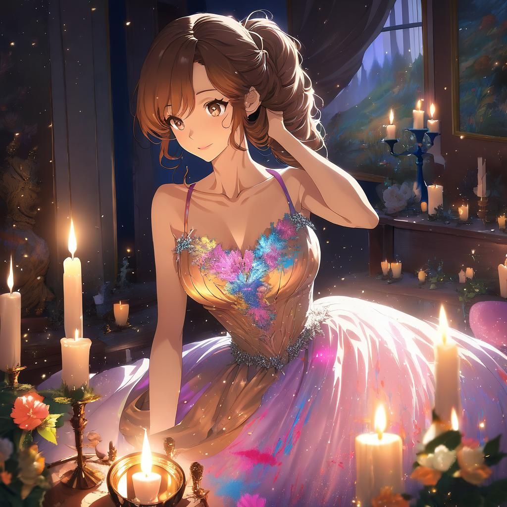 Anime Lady in Glowing Gown with Painterly Shading