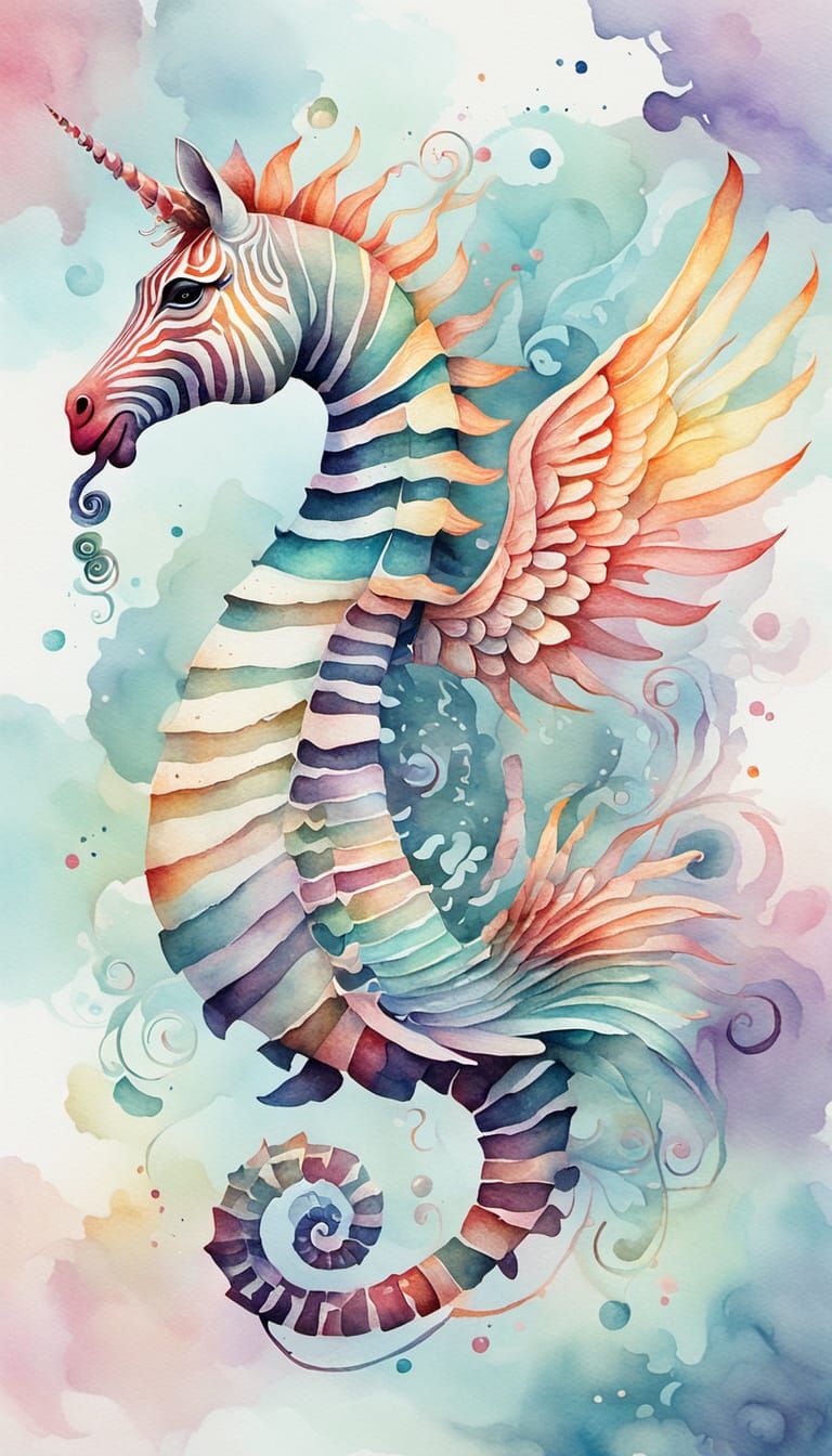 Fantasy Zebra Seahorse in Pastel Watercolor Style