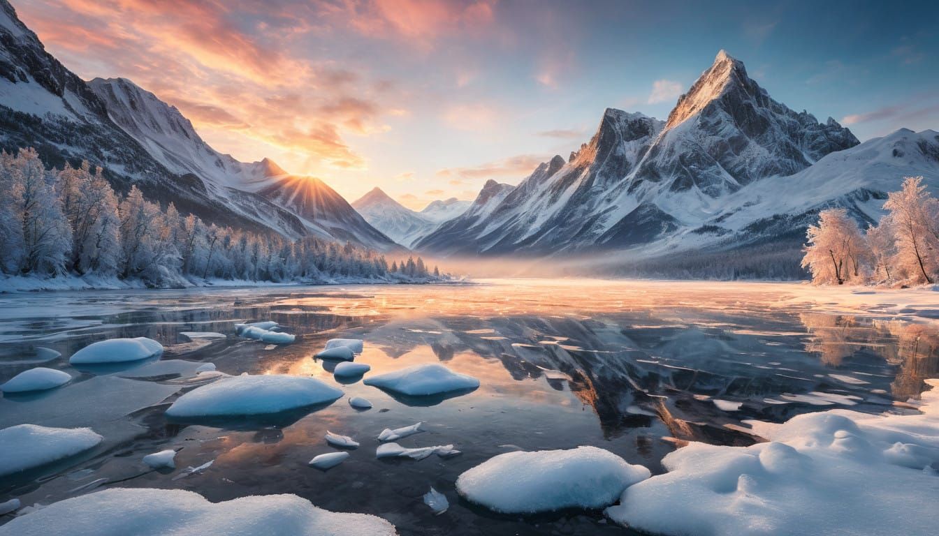 Winter Mountain Serenity in Vibrant Sunset Hues