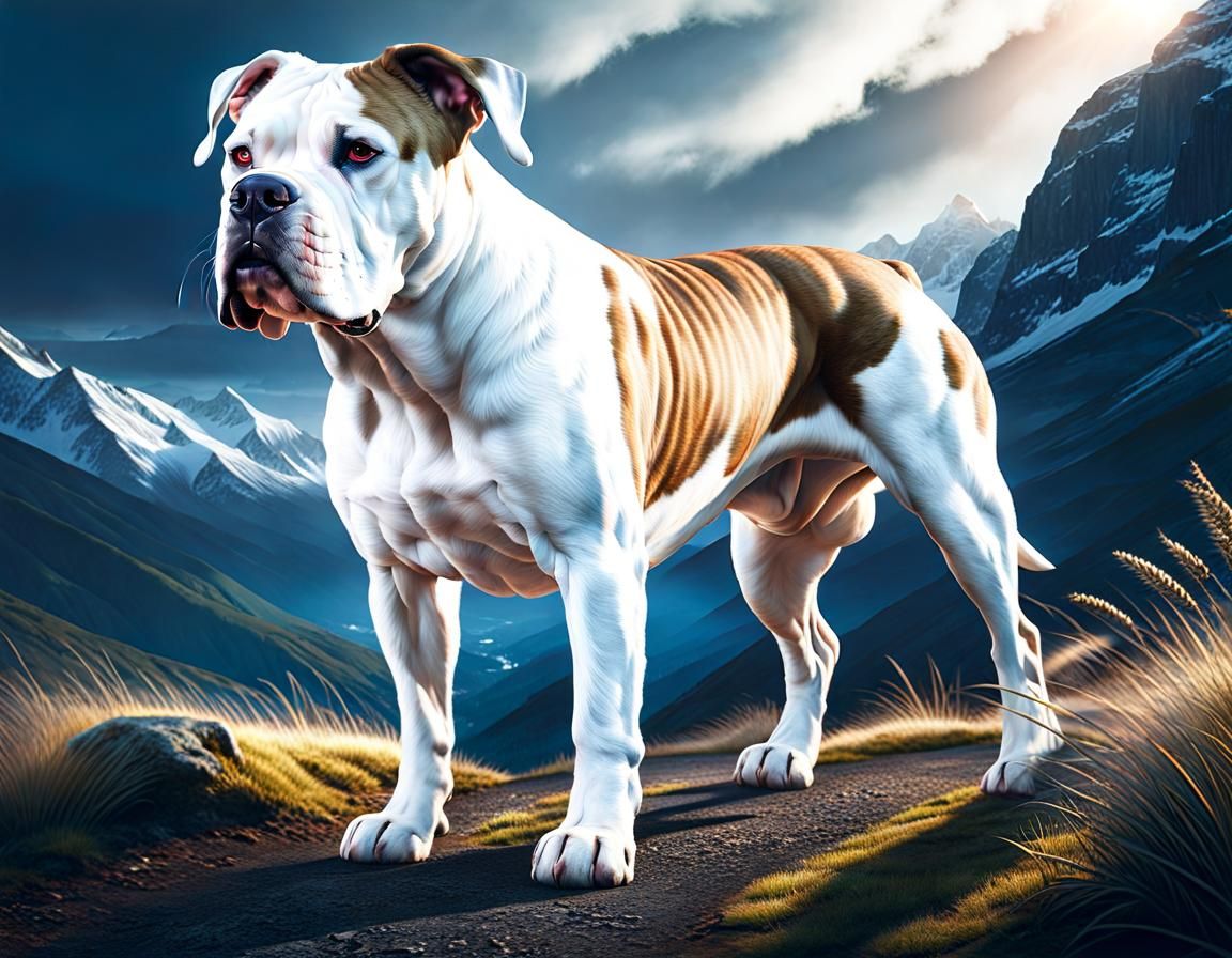 Athletic American Bulldog on Mountain Path in Photorealism