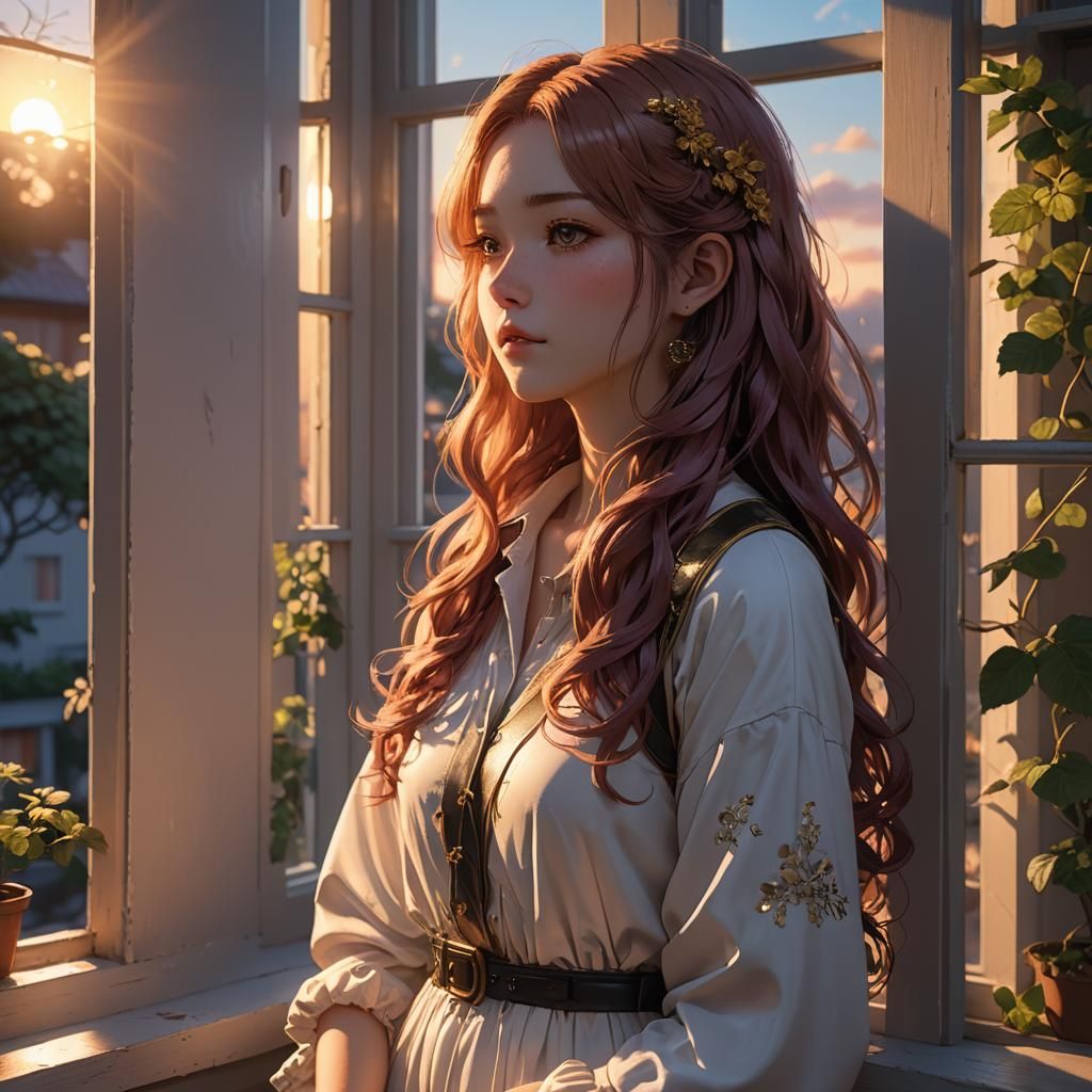 Anime Girl with Blackberry Hair at Sunset