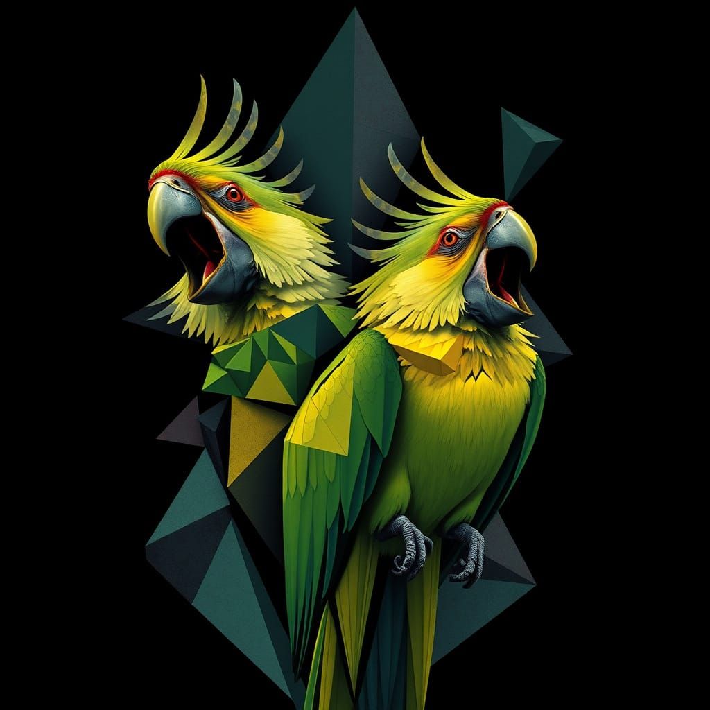 Screaming Parrots in Abstract Cubism Style