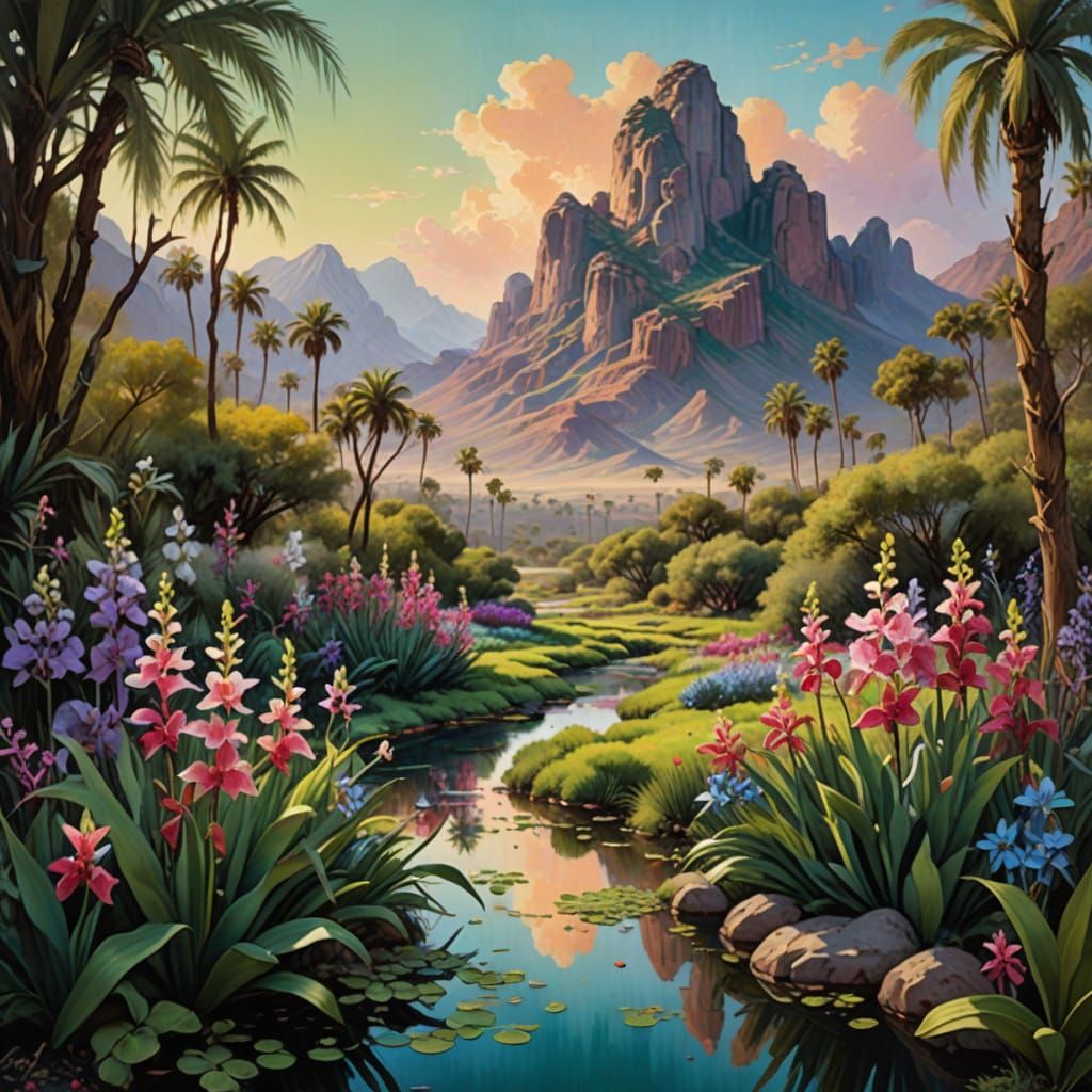 Surreal Desert Oasis Blooms in Vibrant Green Haze with Neon....