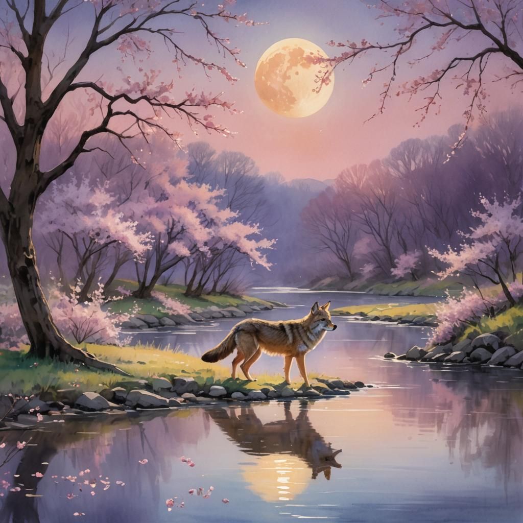 Coyote in Cherry Blossoms: Impressionist Watercolor Landscap...