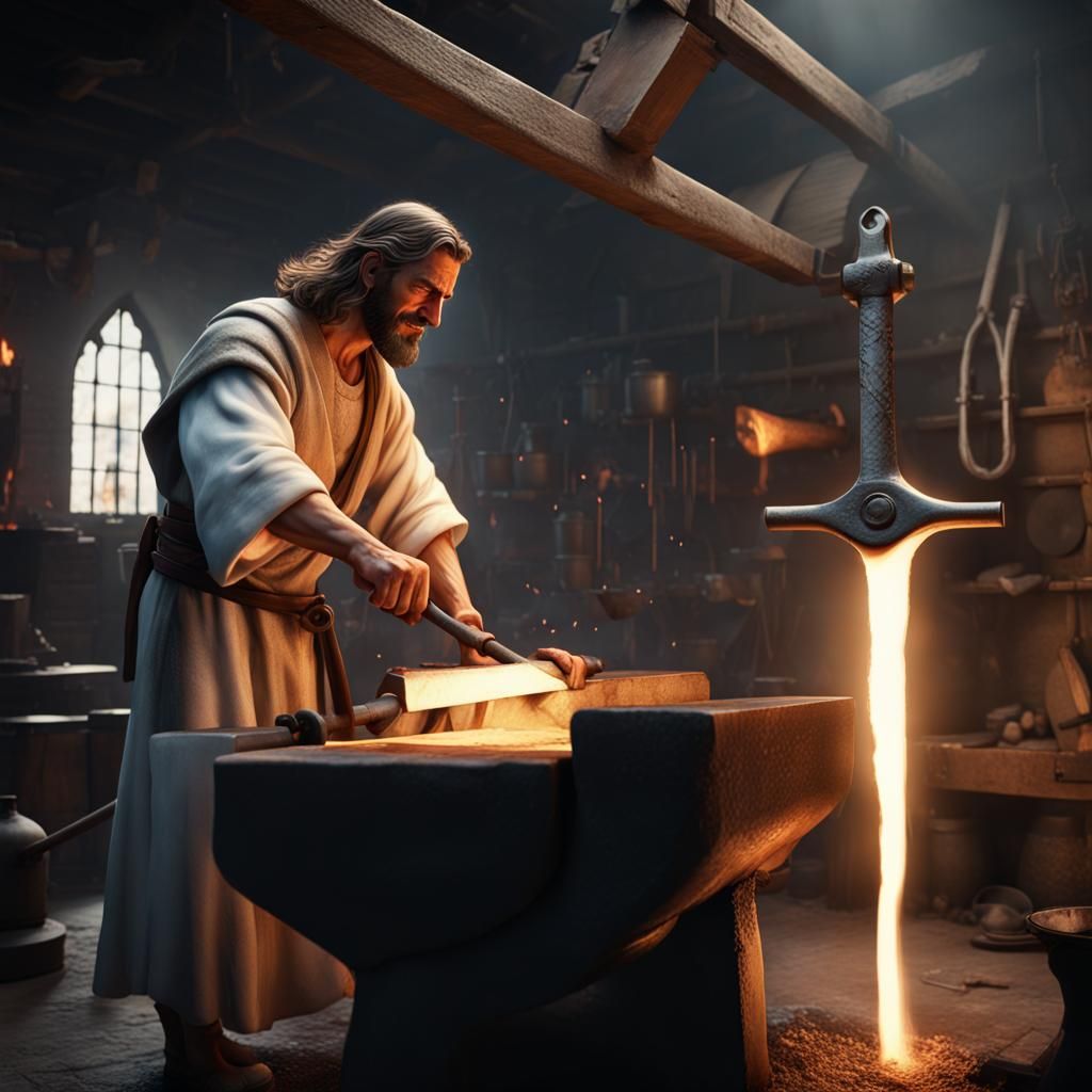 Jesus Blacksmith in a Forge: Hyperrealistic Fantasy Art