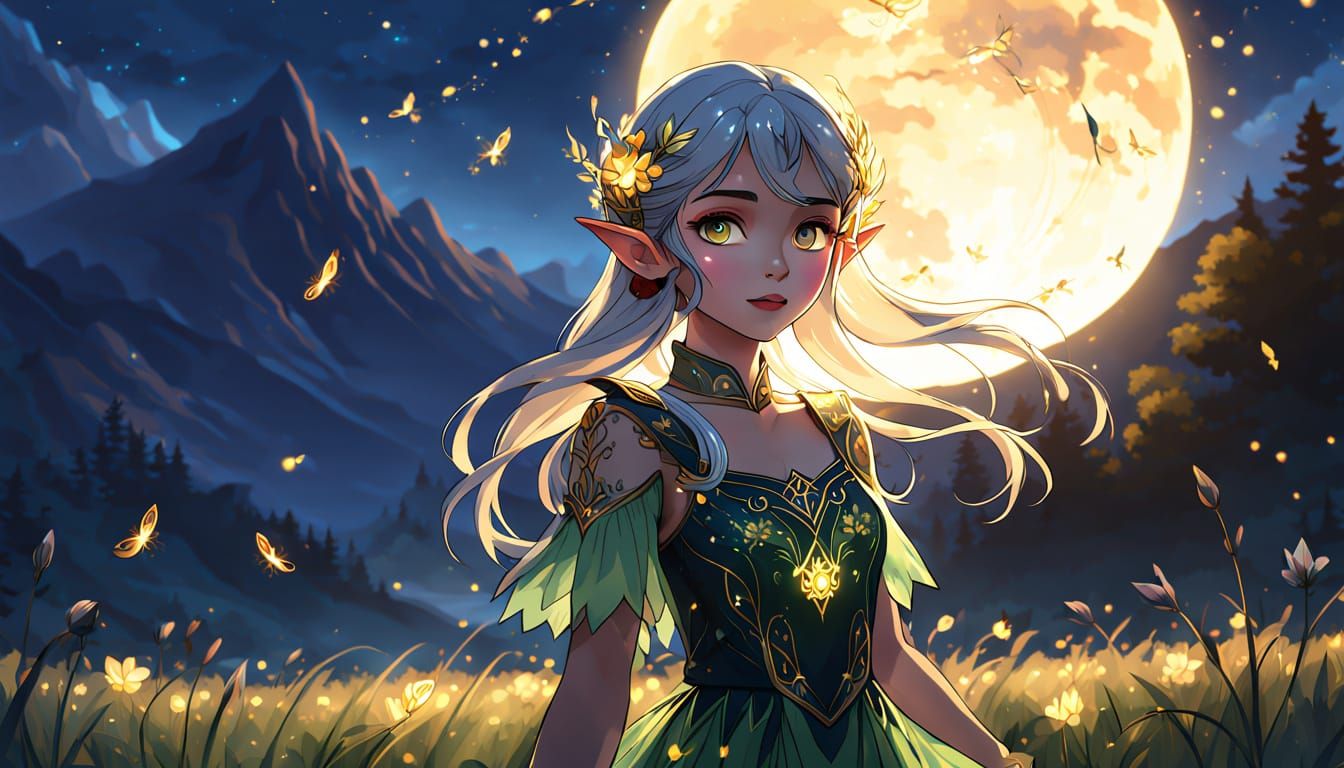 Elf Woman in Glowing Meadow, Anime Oil Painting