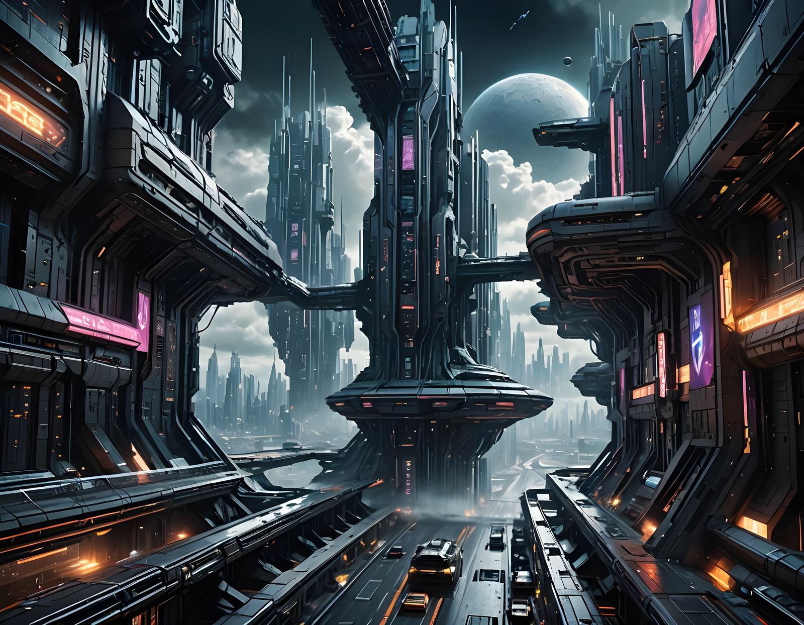 Cyberpunk Cloud City with Gothic Architecture