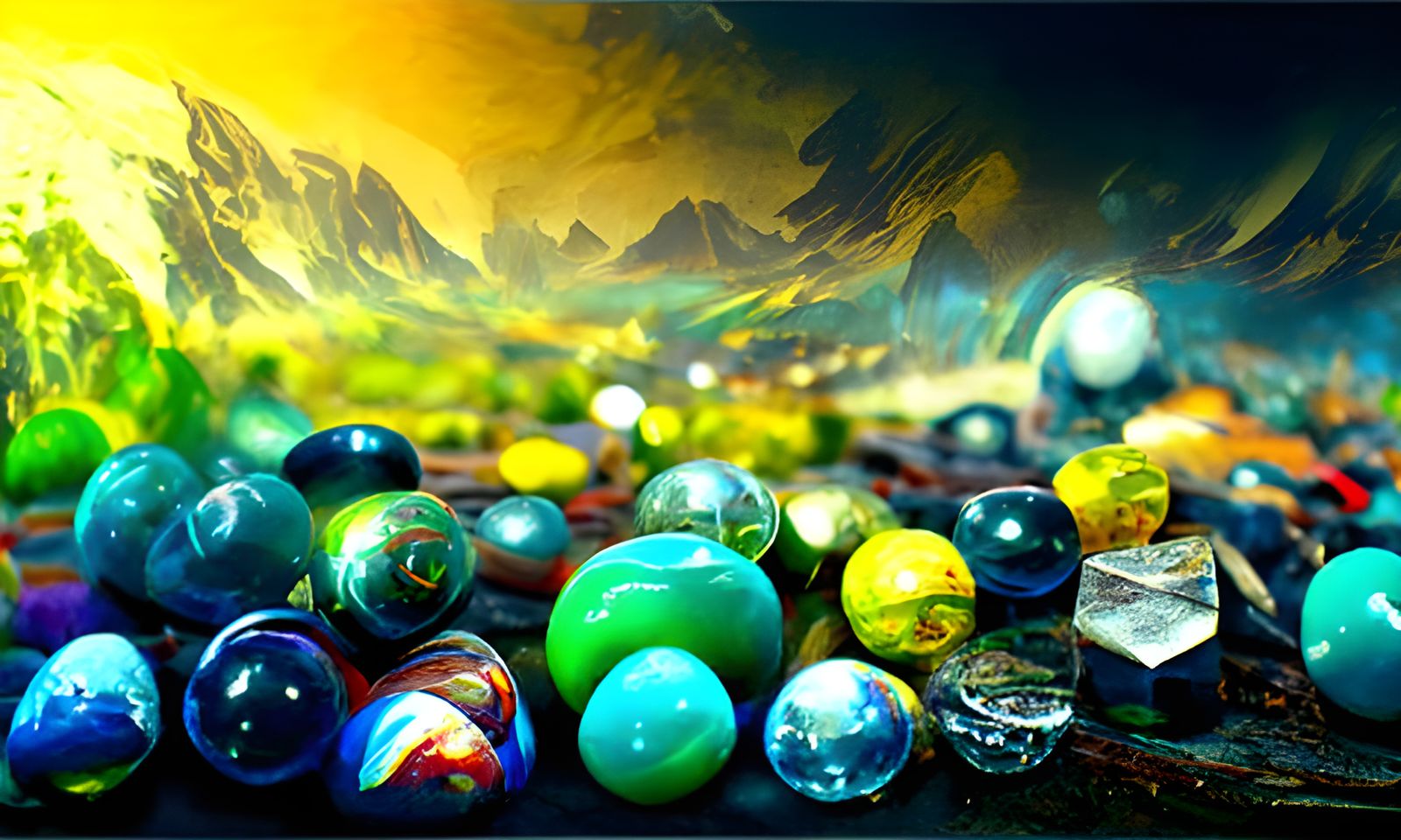 Glass Marbles in Mountain Landscape: Digital Art