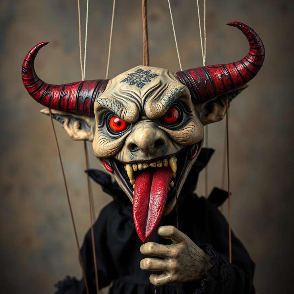 Demonic Puppet with Horns and Forked Tongue