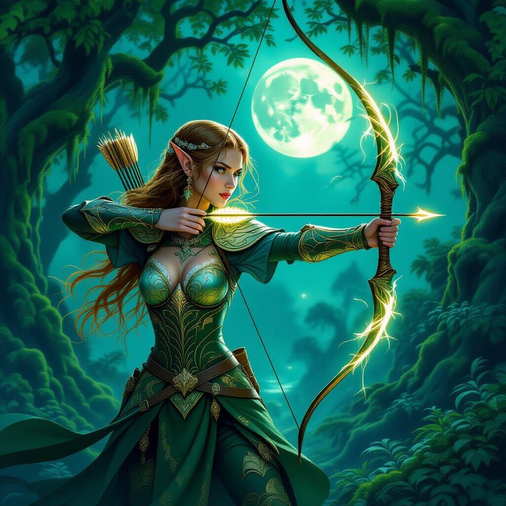 Elven Archer in Moonlit Forest, Renaissance Fantasy Style