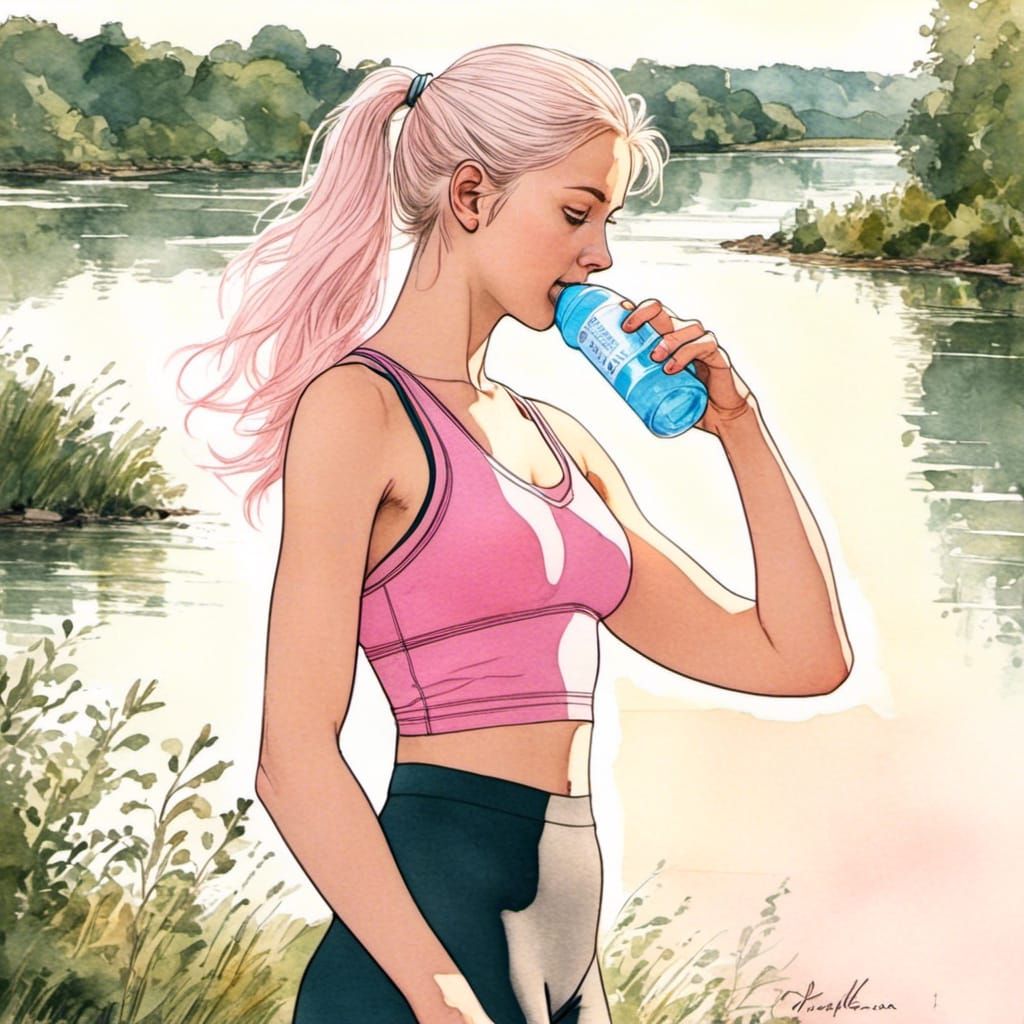 Inked Drawing of a Trans Girl Drinking Water