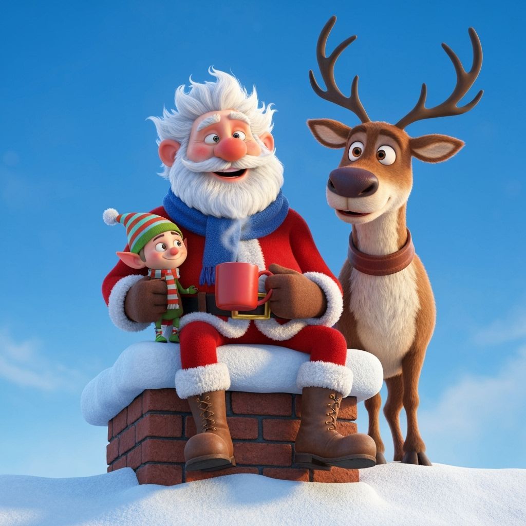 Animated Santa Shares Cocoa with Reindeer and Elf on Rooftop
