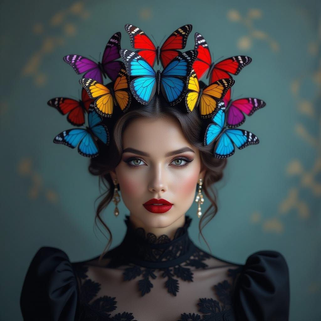 Woman in Black with Butterflies, Dark Fantasy Style