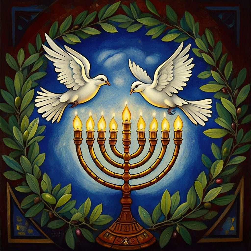 Jewish Peace Emblem with Doves and Menorah