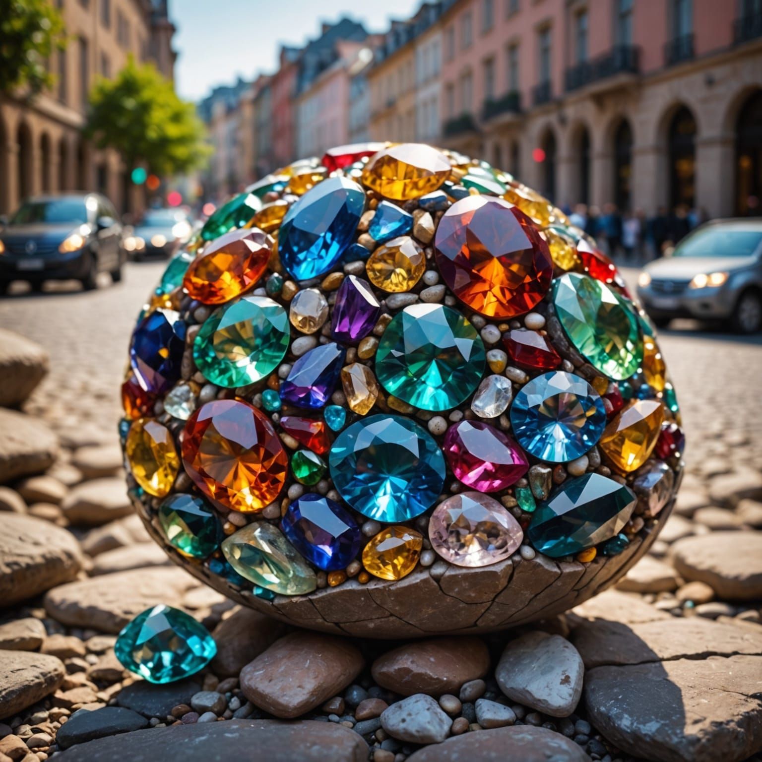 Enchanted Gemstone Entity in Vibrant Cityscape