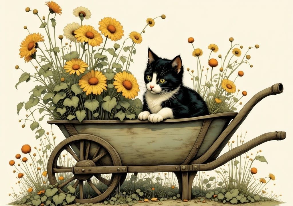 Golden Floral Dreamscape with a Whiskered Feline