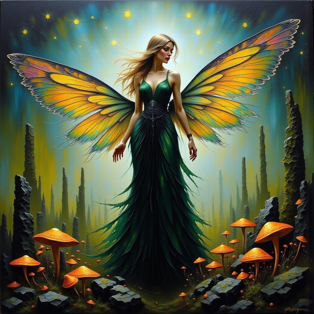 Ethereal Fairy Among Bioluminescent Fungi in Ancient Ruins