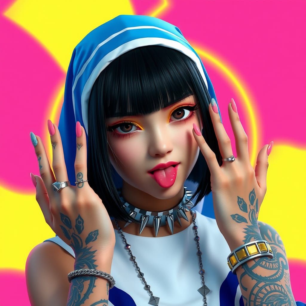 Punk Woman with Tattoos in Hyperrealistic Anime Style