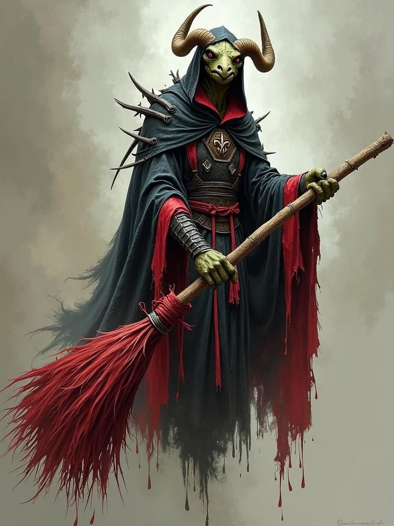 Kobold Cleric on Flying Broom in Beksiński Style
