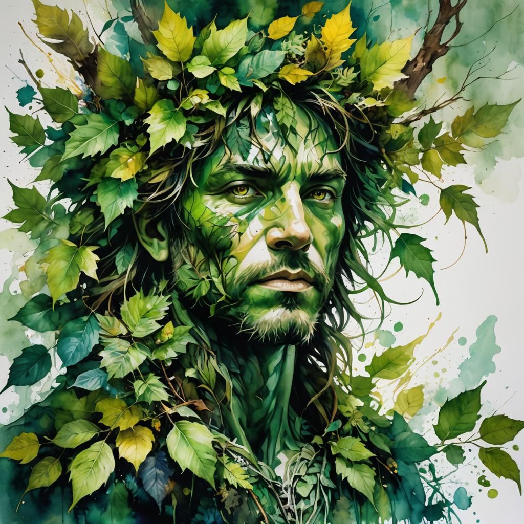 Green Man Watercolor Art in Lush Colors