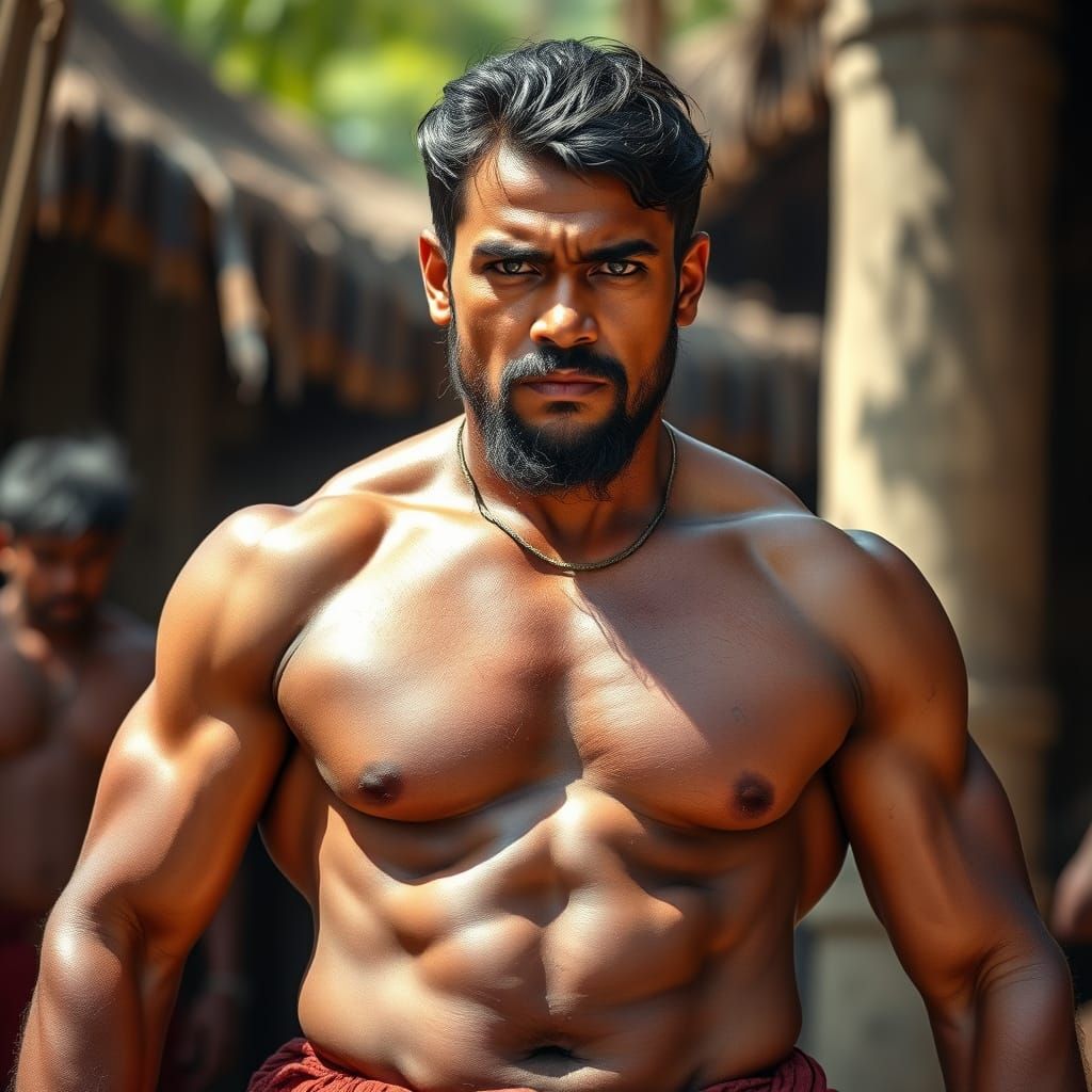 Muscled Ancient Indian Warrior in Traditional Attire