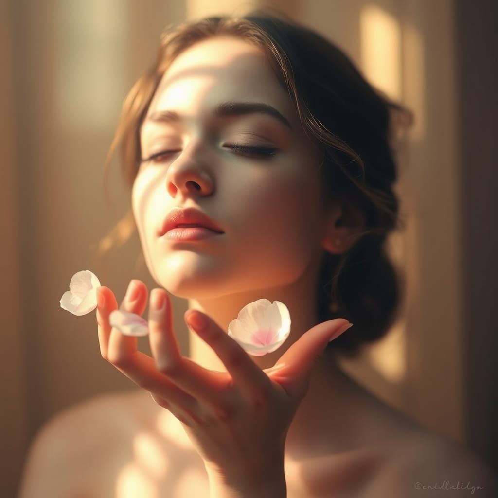 Woman in Dreamlike Light with Ethereal Petals