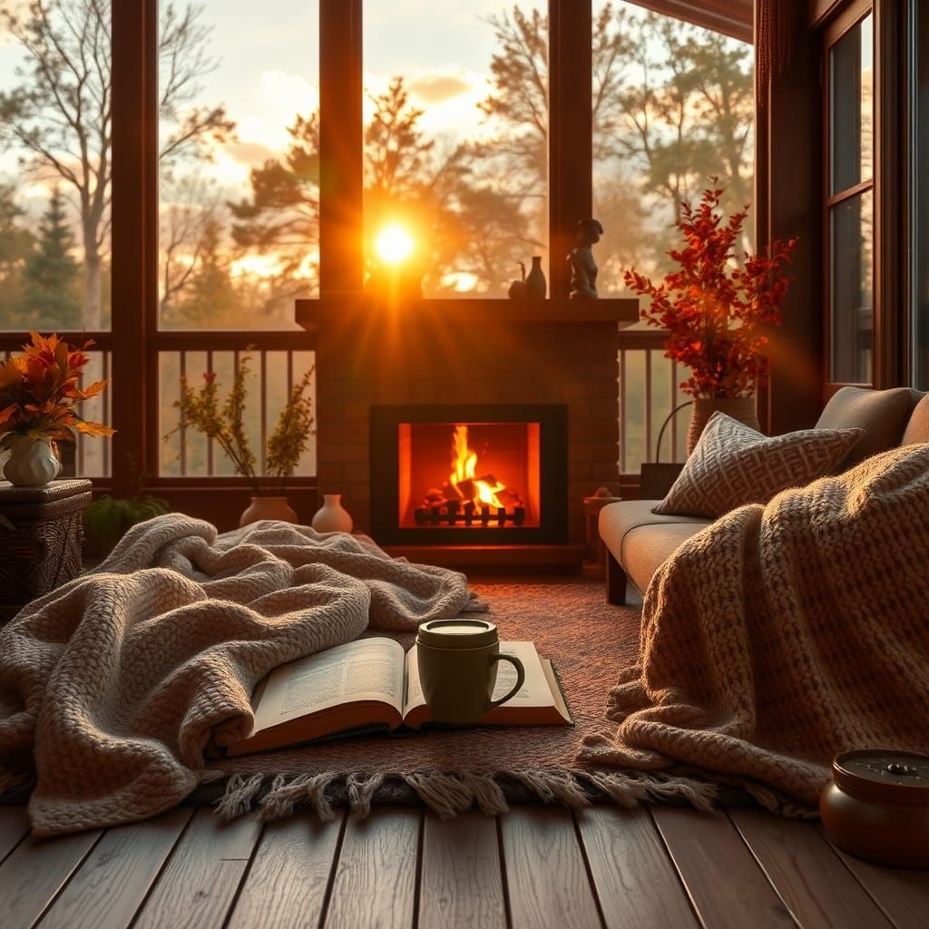 Cozy Living Room with Fireplace at Dusk