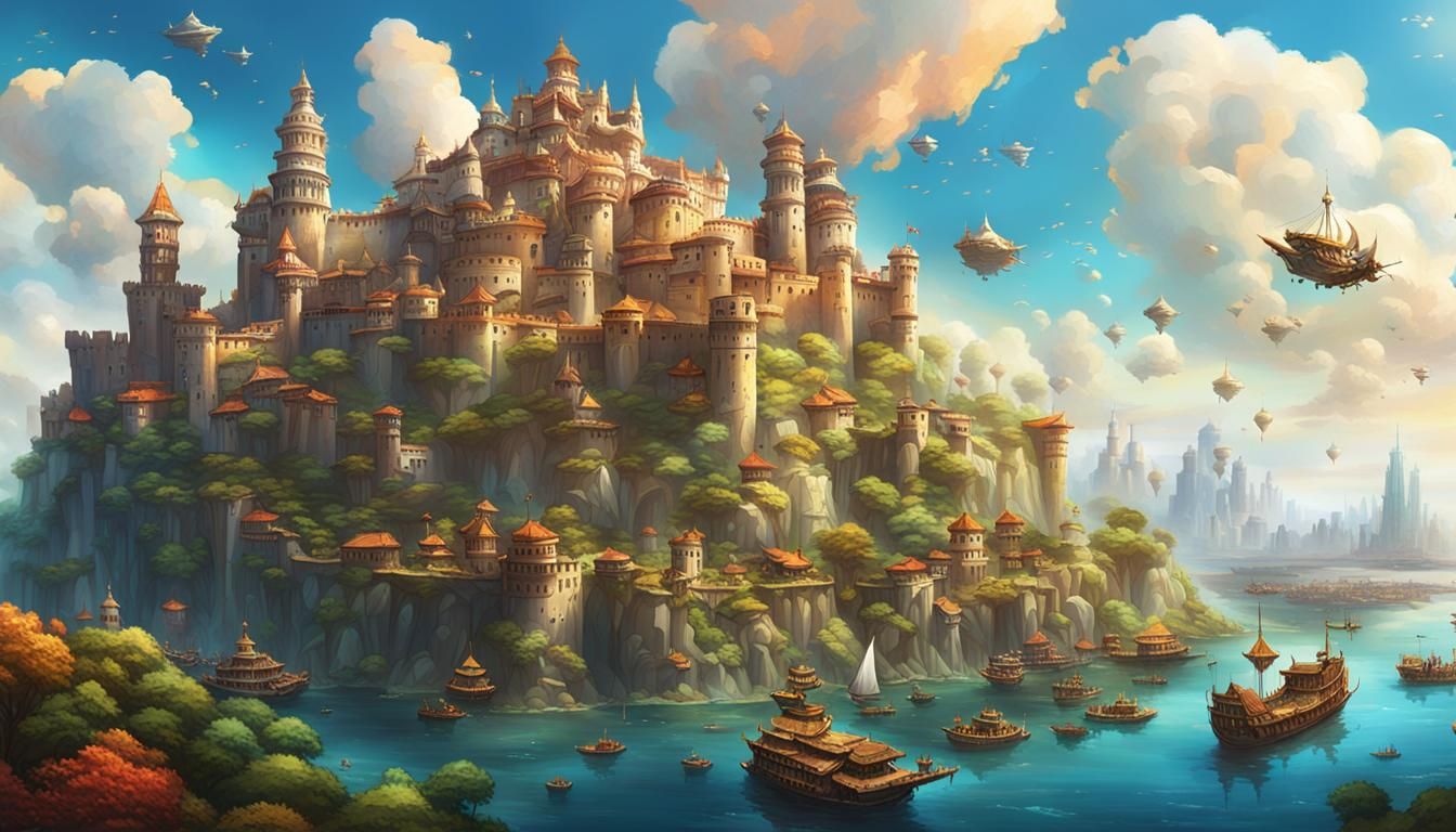 Elegant Island Citadel with Skyships: Hyperrealistic Concept...