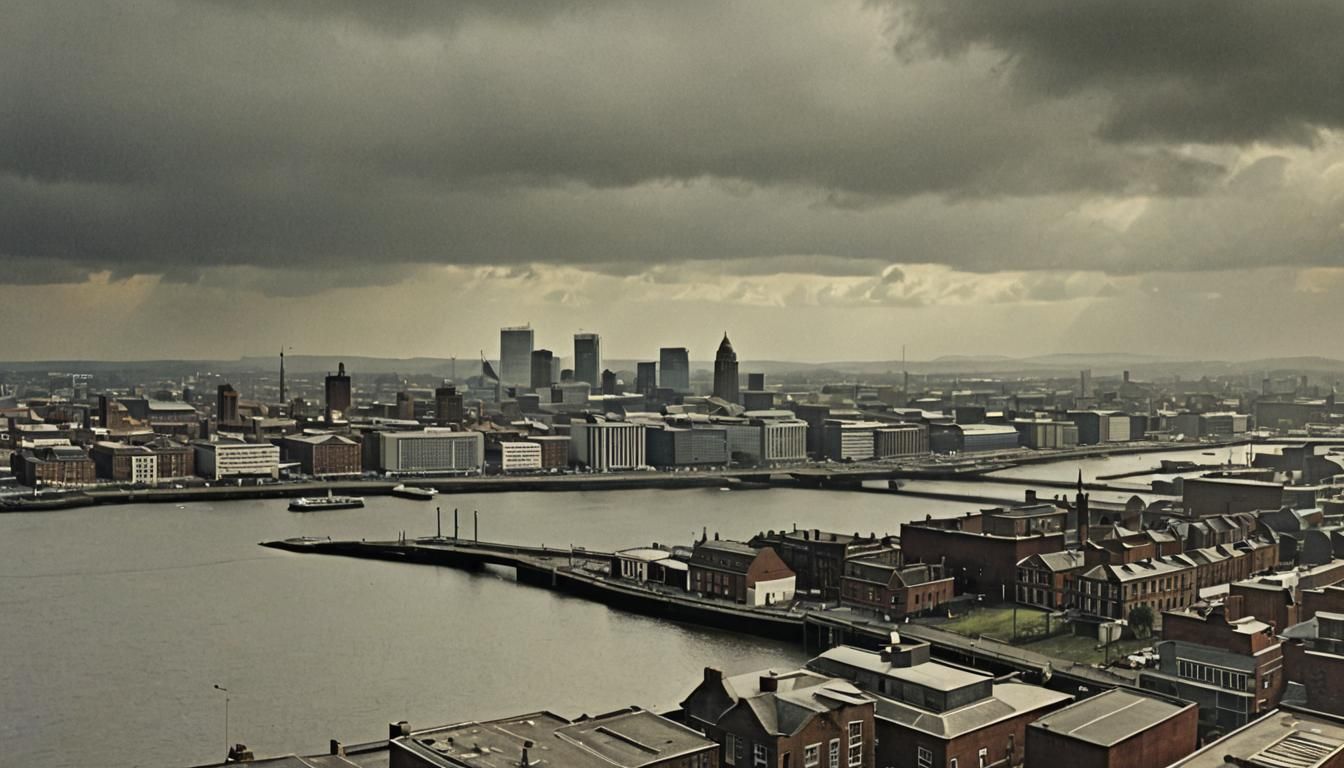 Belfast Skyline, Circa 1970, Photorealistic Cloudy Day