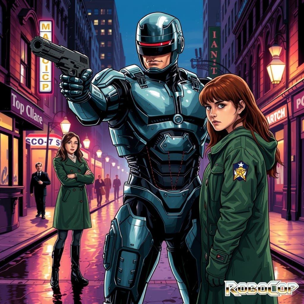 RoboCop Protects a Heroic Girl in a Futuristic Cityscape