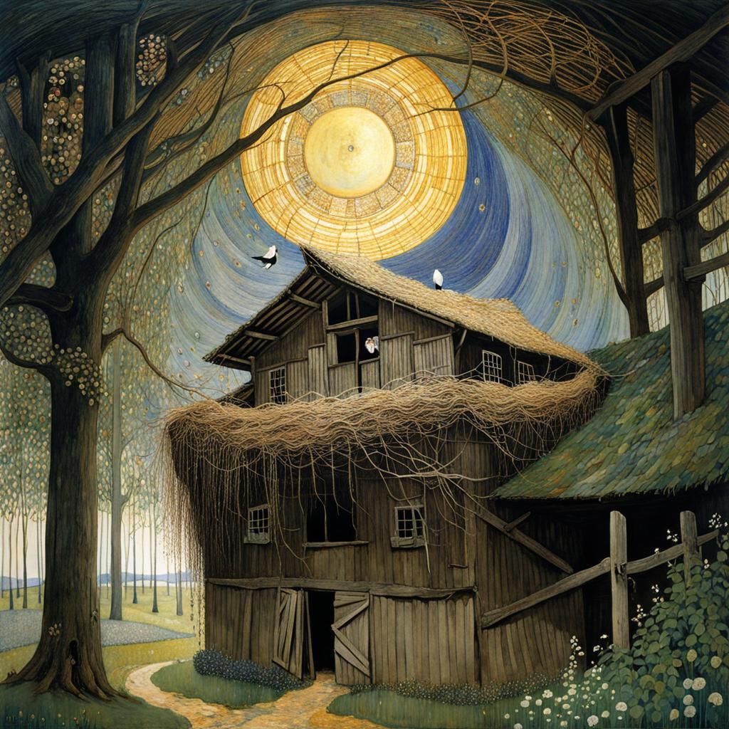 Ancient Barn Stork's Nest in Intricate, Expressive Art