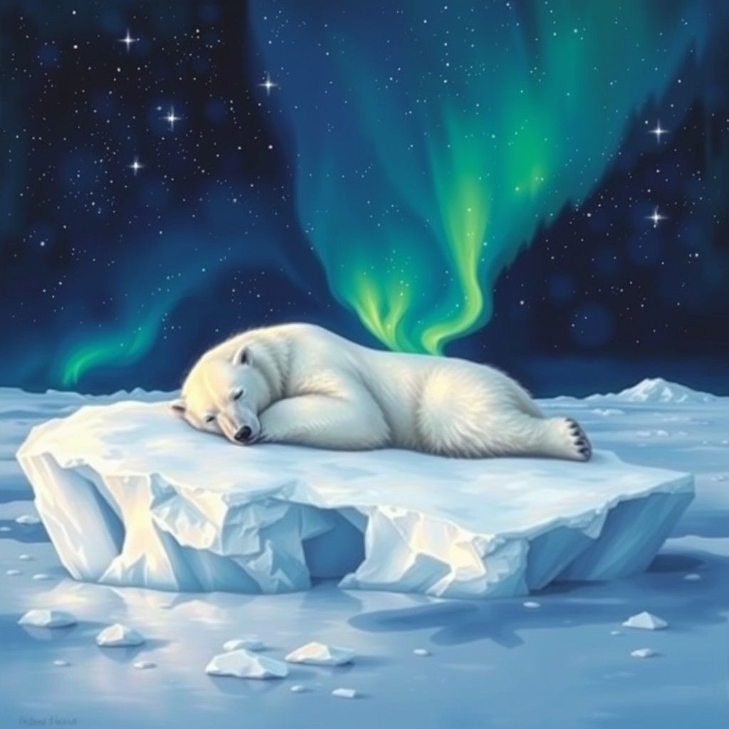 Polar Bear Asleep Under Northern Lights