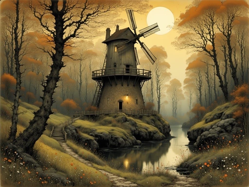 Surreal Watermill in Noctilucent Light by masters of Romanti...