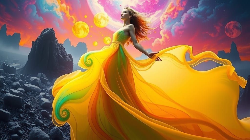 Lady in Flowing Liquid Neon Gown