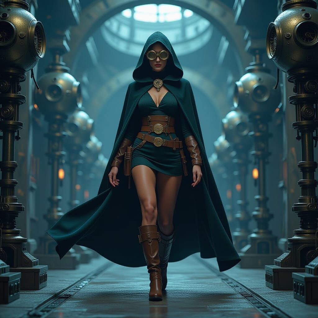 Woman in Goggles in Surreal Sci-Fi Landscape