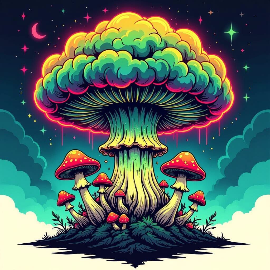 Surreal Occult Mushroom Cloud Tattoo Design