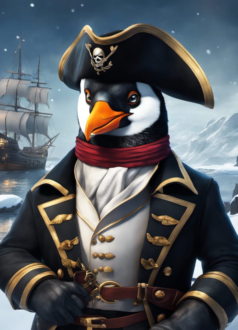 Penguin Pirate Captain in Snowy Landscape