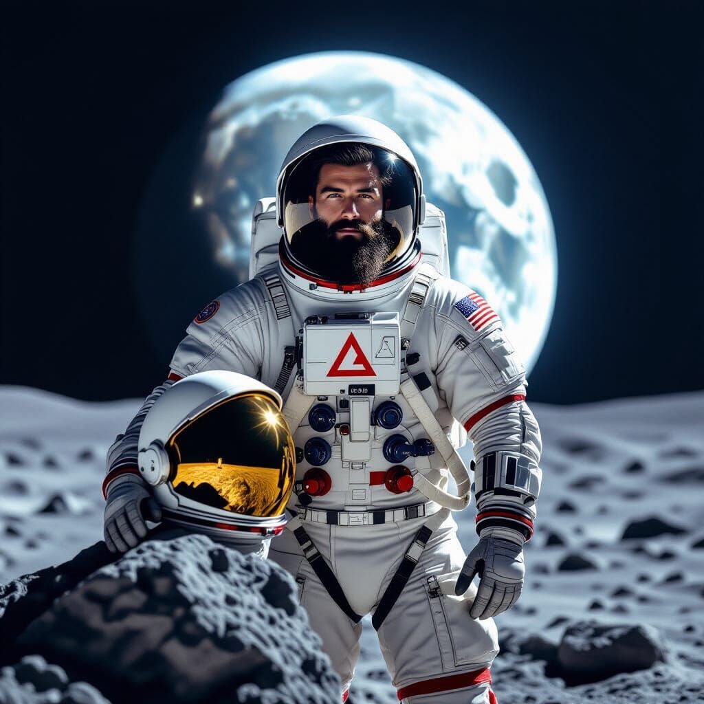 Astronaut Soldier on Moon Base with Lunar Backdrop